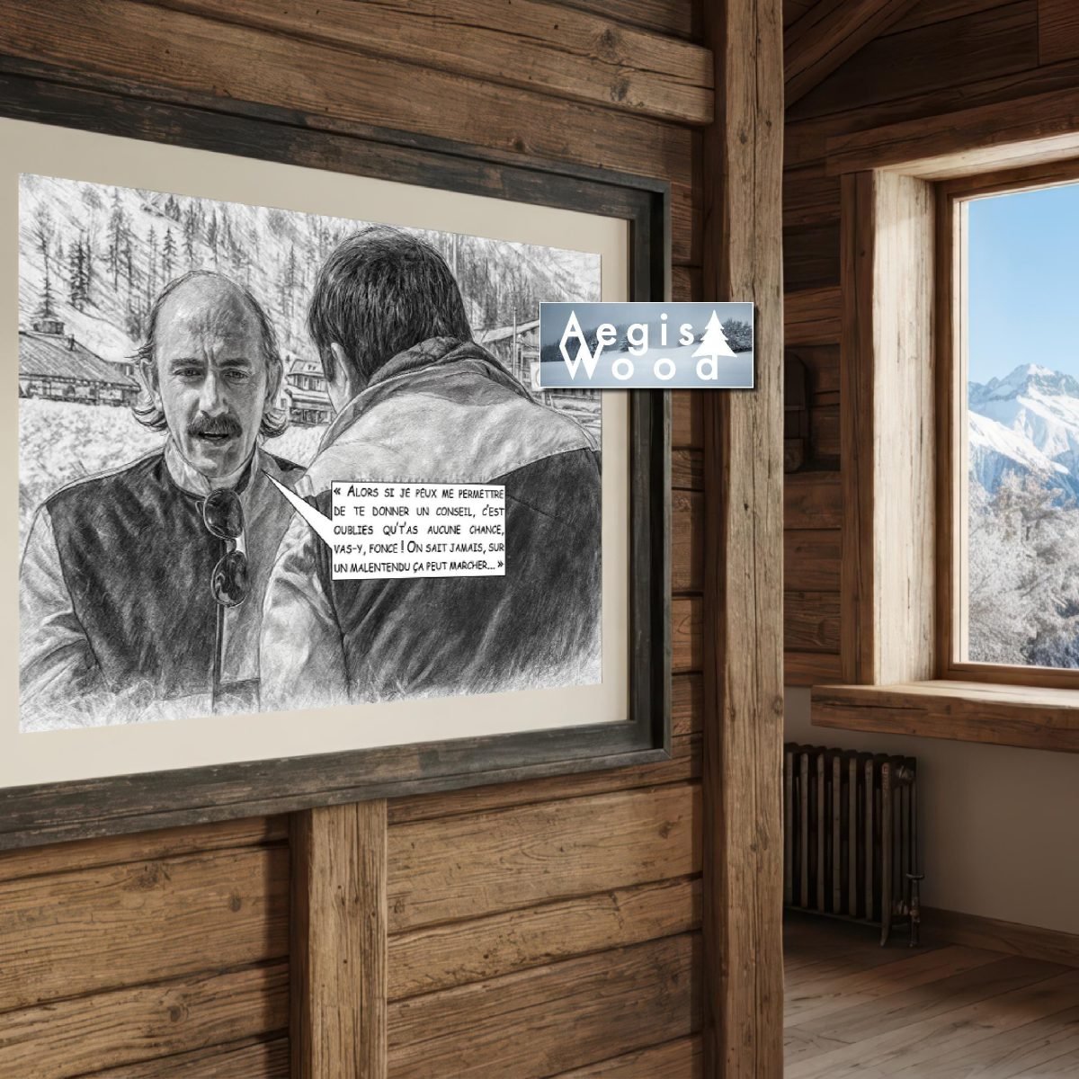 Affiche 45x30cm « Sur un malentendu, ça peut marcher » : style dessin au crayon d'une réplique culte des Bronzés font du ski
