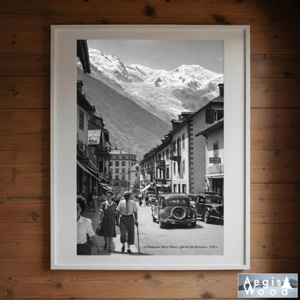 Affiche Chamonix Mont-Blanc 1940 – Glacier des Bossons – Photo Noir et Blanc Vintage – Poster Montagne Rétro 30x45