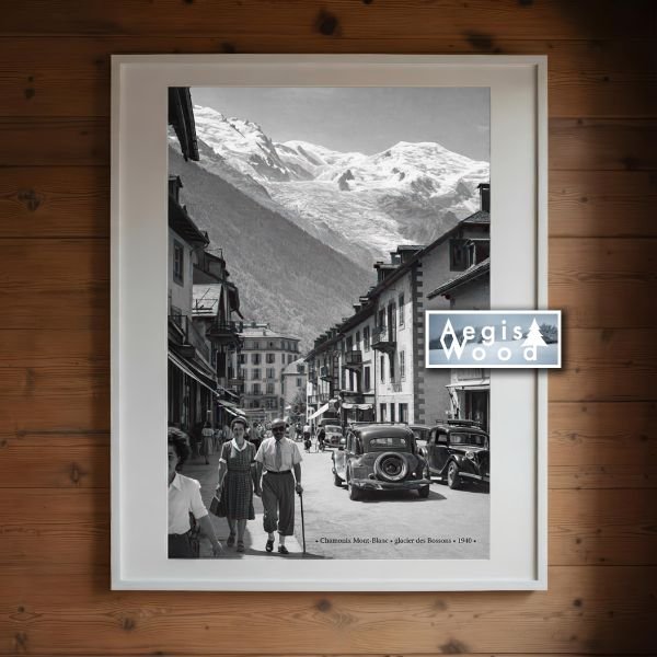 Affiche Chamonix Mont-Blanc 1940 – Glacier des Bossons – Photo Noir et Blanc Vintage – Poster Montagne Rétro 30x45