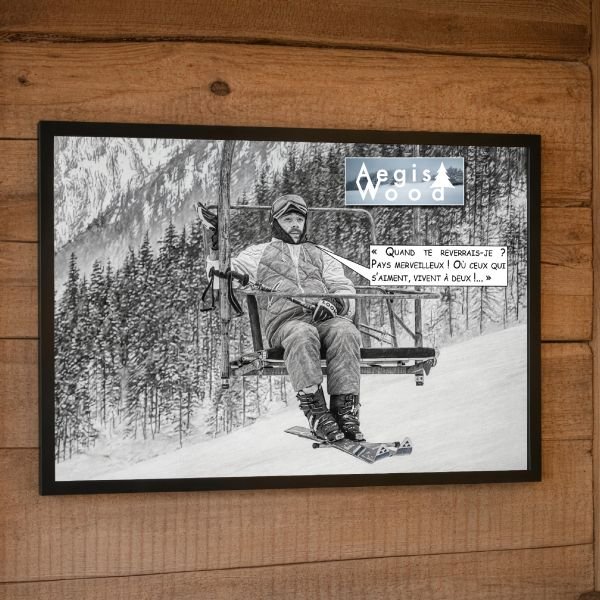 Affiche Les Bronzés font du ski : « Quand te reverrais-je ? Pays merveilleux ! », poster télésiège vintage style dessin au crayon, 30x45 cm