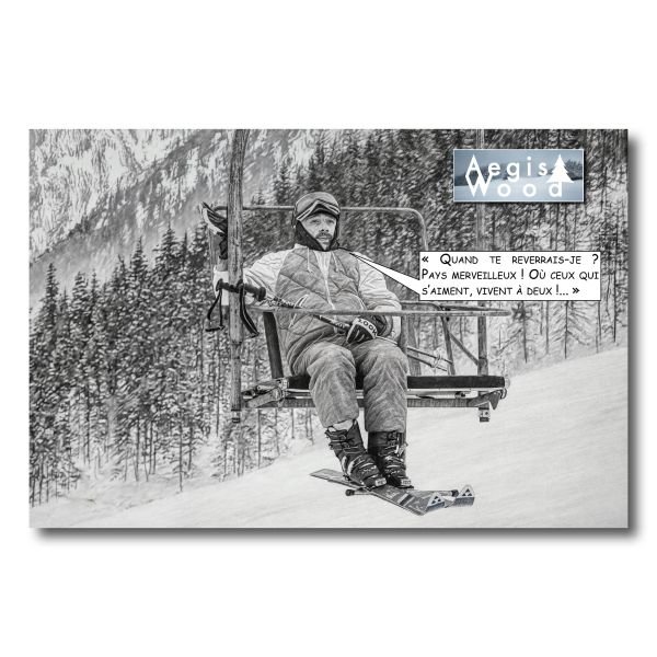 Affiche Les Bronzés font du ski : « Quand te reverrais-je ? Pays merveilleux ! », poster télésiège vintage style dessin au crayon, 30x45 cm