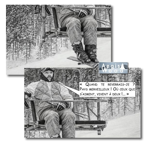 Affiche Les Bronzés font du ski : « Quand te reverrais-je ? Pays merveilleux ! », poster télésiège vintage style dessin au crayon, 30x45 cm