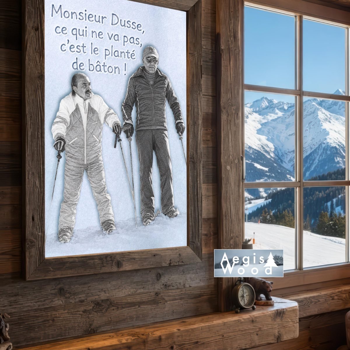 Affiche Le planté de bâton des Bronzés font du ski, crayonné graphite sur fond de neige