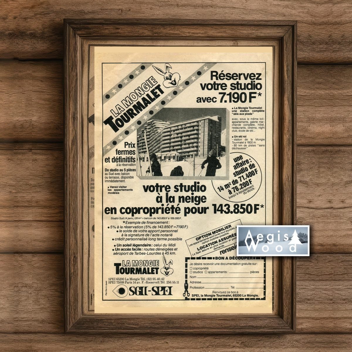 Affiche vintage 30x45cm La Mongie Tourmalet, publicité immobilière rétro d'une station de ski des Pyrénées, années 80