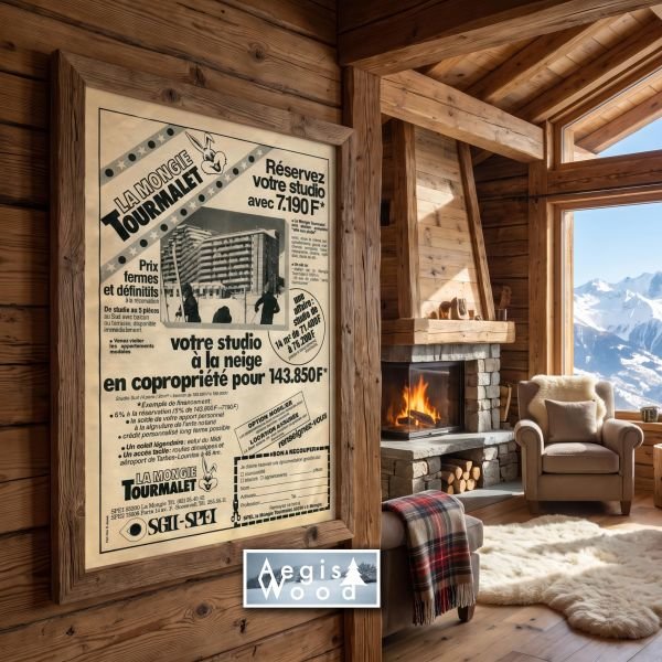 Affiche vintage 30x45cm La Mongie Tourmalet, publicité immobilière rétro d'une station de ski des Pyrénées, années 80