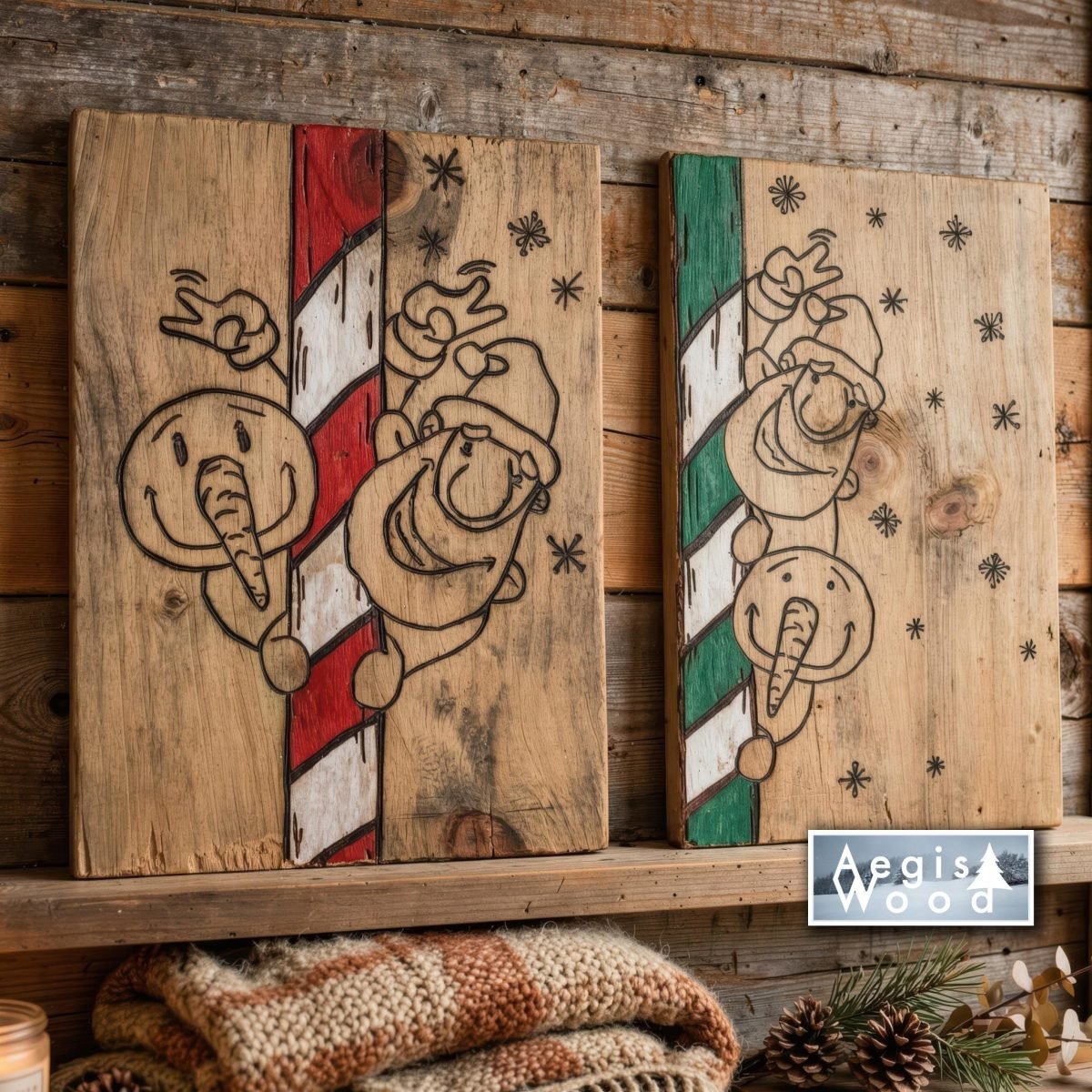 Deux tableaux de Noël pyrogravés sur bois posés sur une étagère rustique : sucre d'orge rouge et blanc à gauche, vert et blanc à droite, avec bonhomme de neige et Père Noël