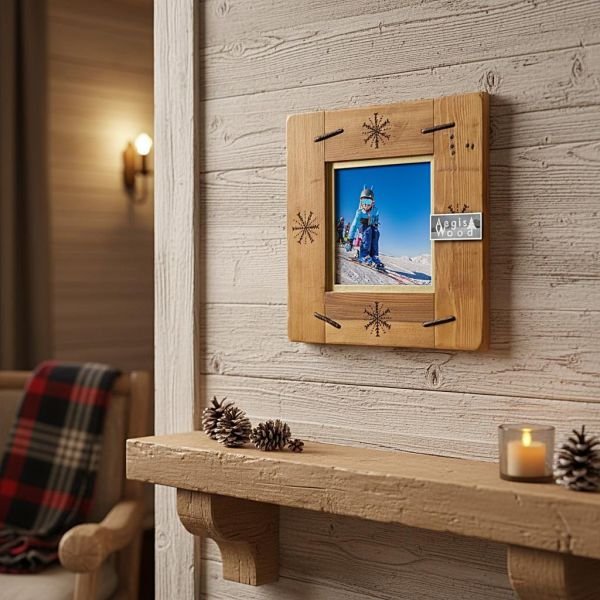 Cadre photo bois 39,5x39,5cm pour photo 20x20 – Flocons pyrogravés & ferraille – Déco chalet montagne – Cadeau ski