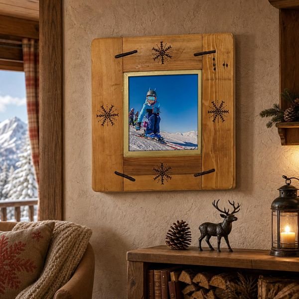 Cadre photo bois 39,5x39,5cm pour photo 20x20 – Flocons pyrogravés & ferraille – Déco chalet montagne – Cadeau ski