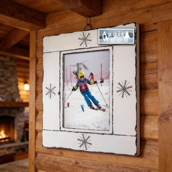 Cadre photo bois 45,5 x 42 cm pour photo A4, blanc et noir, flocons peints à la main, déco montagne chalet, cadeau Noël souvenir ski