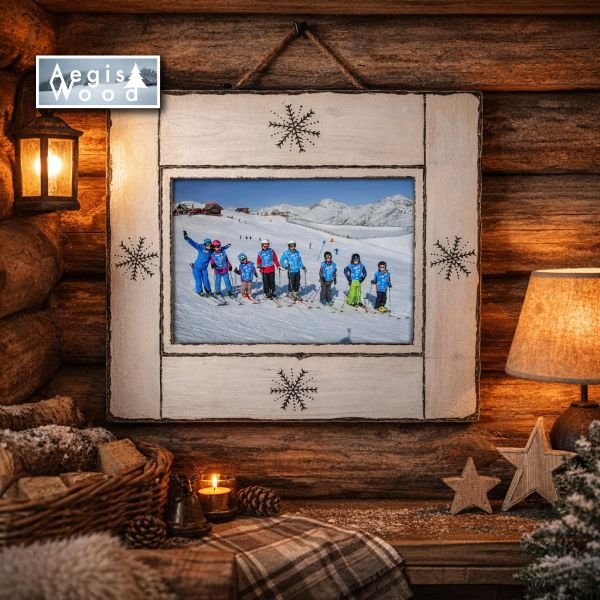 Cadre photo bois 45,5 x 42 cm pour photo A4, blanc et noir, flocons peints à la main, déco montagne chalet, cadeau Noël souvenir ski