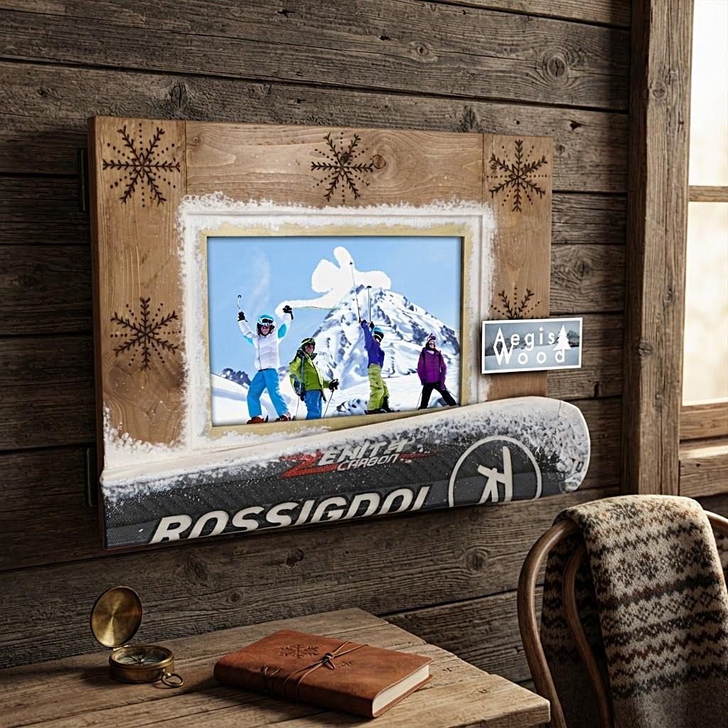 Cadre photo bois 55x42 cm pour photo 20x30cm avec vrai ski recyclé – Flocons pyrogravés – Déco chalet montagne – Cadeau skieur unique