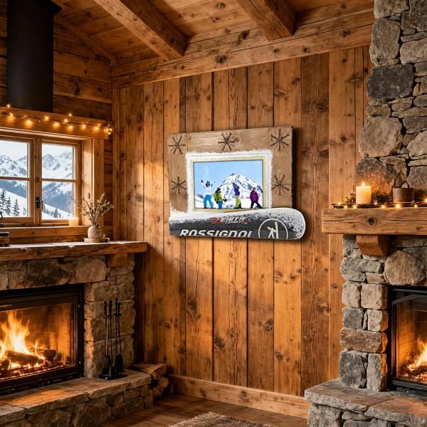 Cadre photo bois 55x42 cm pour photo 20x30cm avec vrai ski recyclé – Flocons pyrogravés – Déco chalet montagne – Cadeau skieur unique