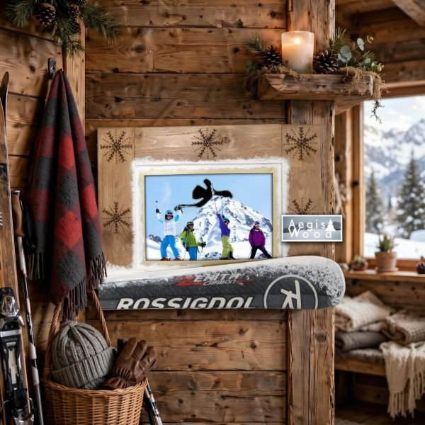 Cadre photo bois 55x42 cm pour photo 20x30cm avec vrai ski recyclé – Flocons pyrogravés – Déco chalet montagne – Cadeau skieur unique