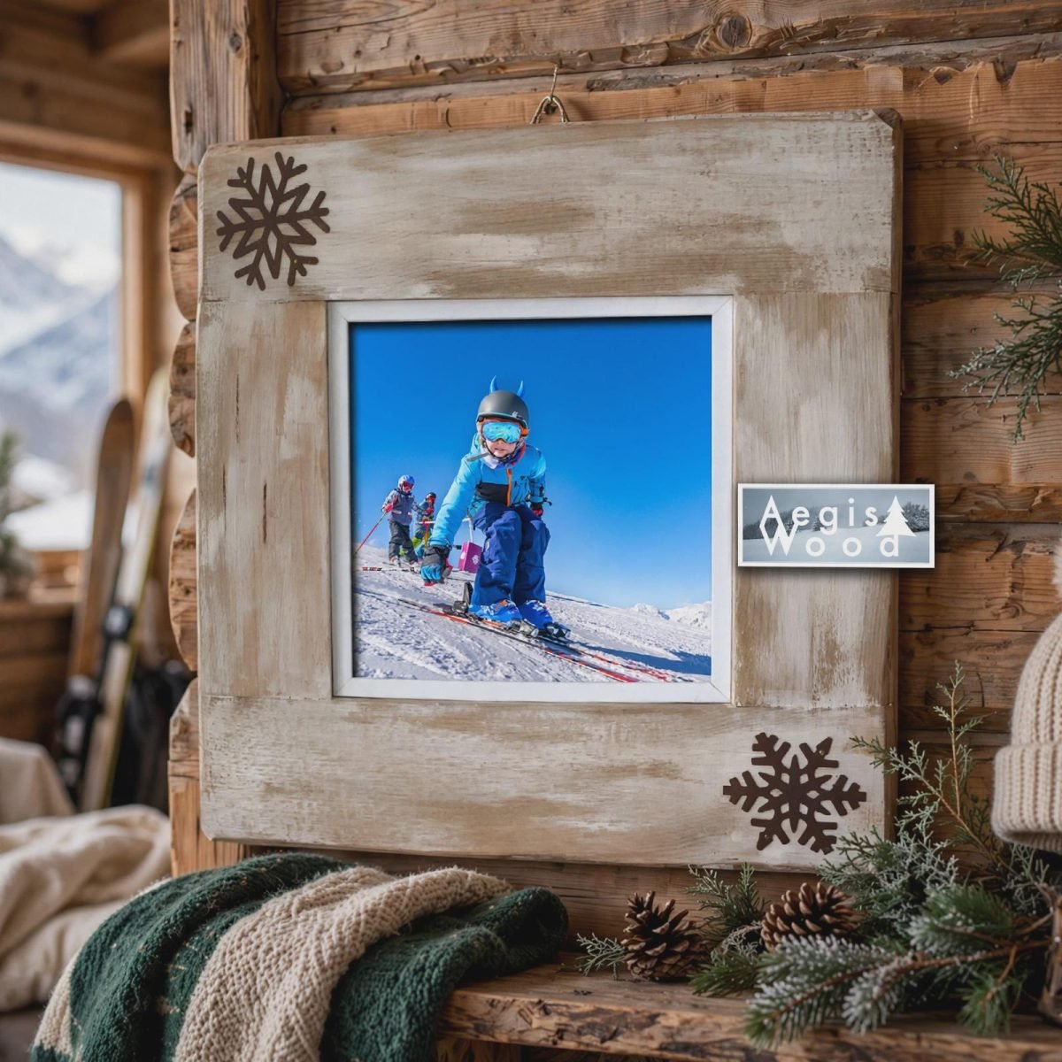 Cadre photo bois cérusé blanc 39x41 cm pour photo 20x20 – Flocons métal rouillé, déco chalet montagne, cadeau Noël souvenir ski