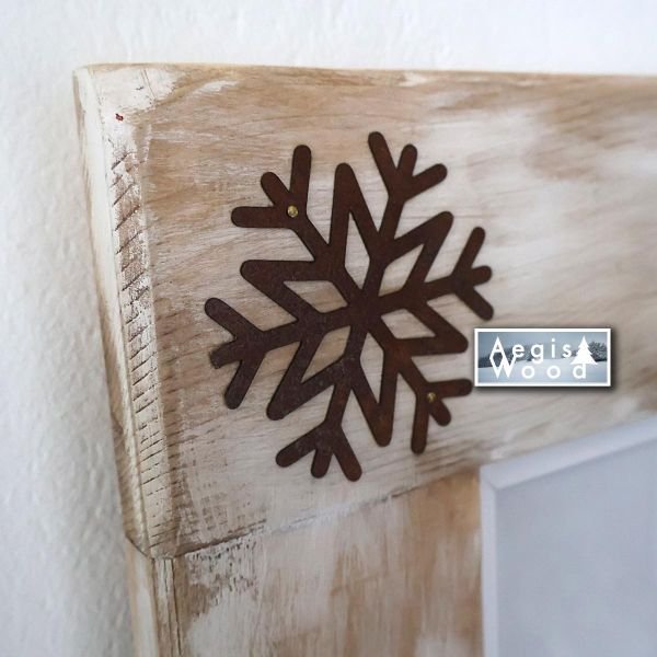 Cadre photo bois cérusé blanc 39x41 cm pour photo 20x20 – Flocons métal rouillé, déco chalet montagne, cadeau Noël souvenir ski