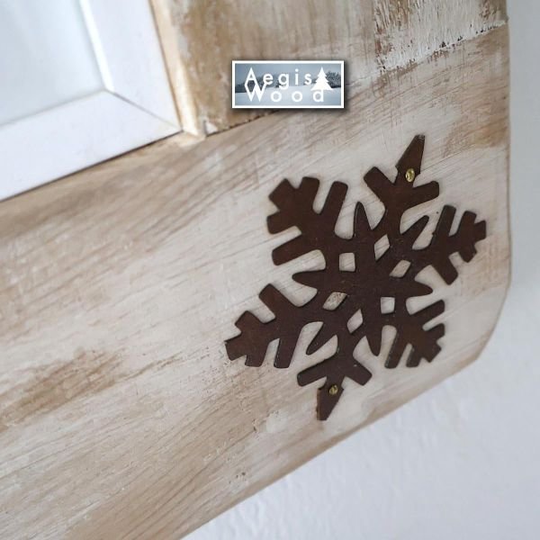 Cadre photo bois cérusé blanc 39x41 cm pour photo 20x20 – Flocons métal rouillé, déco chalet montagne, cadeau Noël souvenir ski