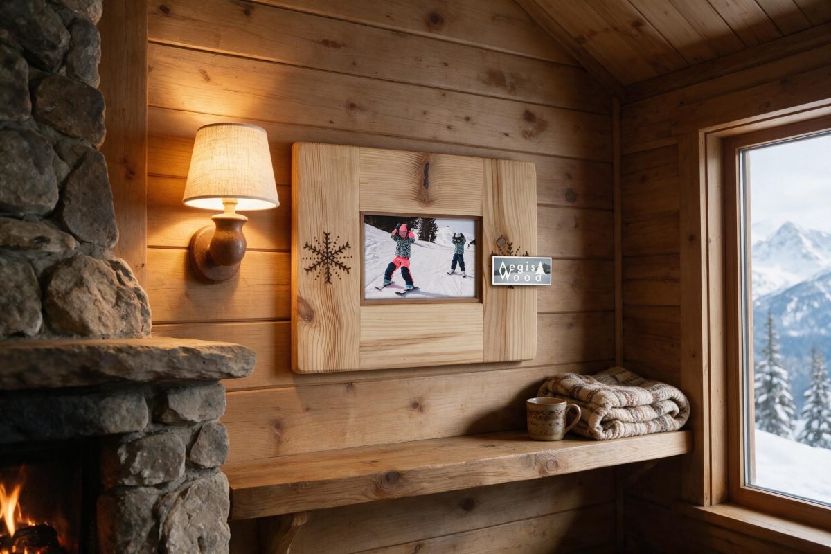 Cadre photo bois naturel 24,5x29,5 cm, flocons pyrogravés à la main – déco chalet montagne – cadeau Noël anniversaire souvenir ski
