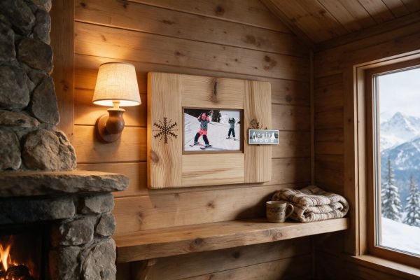 Cadre photo bois naturel 24,5x29,5 cm, flocons pyrogravés à la main – déco chalet montagne – cadeau Noël anniversaire souvenir ski