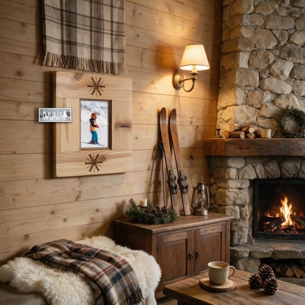 Cadre photo bois naturel 24,5x29,5 cm, flocons pyrogravés à la main – déco chalet montagne – cadeau Noël anniversaire souvenir ski