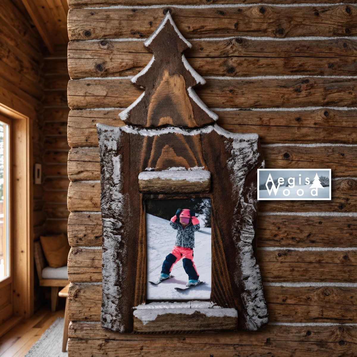 Cadre Photo Bois Sapin Enneigé 10x15 cm – Croûte de Pin Rustique – Déco Chalet Montagne Savoie – H44 x L24 cm