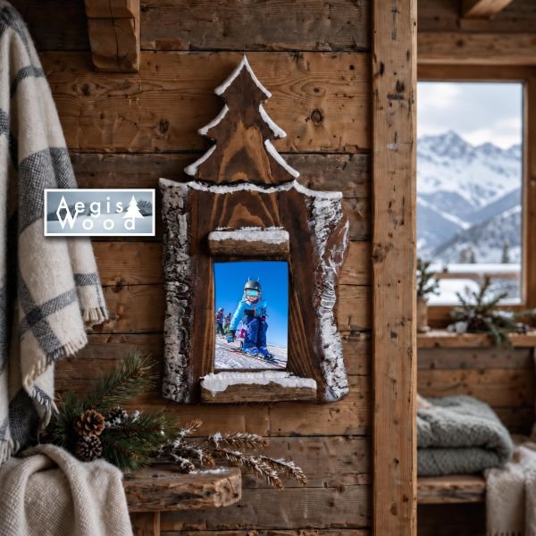 Cadre Photo Bois Sapin Enneigé 10x15 cm – Croûte de Pin Rustique – Déco Chalet Montagne Savoie – H44 x L24 cm
