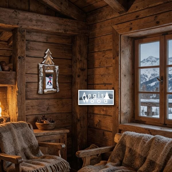Cadre Photo Bois Sapin Enneigé 10x15 cm – Croûte de Pin Rustique – Déco Chalet Montagne Savoie – H44 x L24 cm
