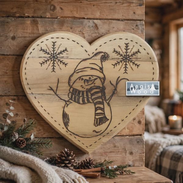 Cœur en bois massif pyrogravé 30x27 cm – Déco murale rustique hiver – Bonhomme de neige & flocons – Cadeau Noël