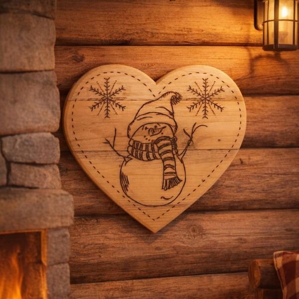Cœur en bois massif pyrogravé 30x27 cm – Déco murale rustique hiver – Bonhomme de neige & flocons – Cadeau Noël