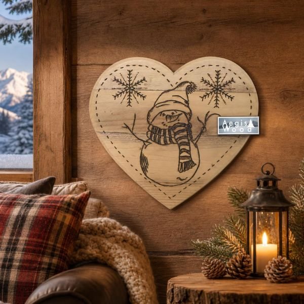 Cœur en bois massif pyrogravé 30x27 cm – Déco murale rustique hiver – Bonhomme de neige & flocons – Cadeau Noël