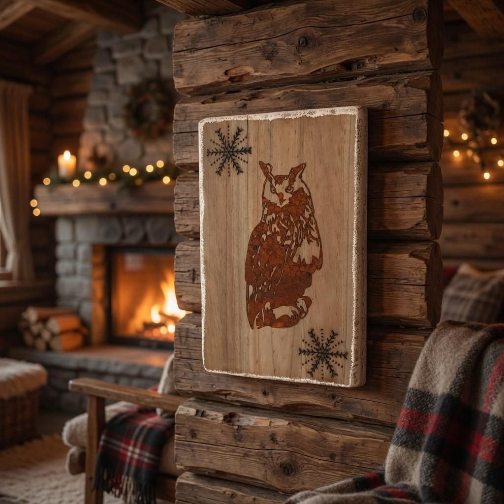 Hibou grand-duc en métal oxydé sur bois vieilli 22x33 cm – Déco murale chalet, flocons pyrogravés, cadeau Noël fait main