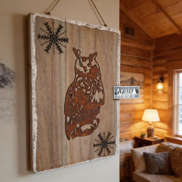Hibou grand-duc en métal oxydé sur bois vieilli 22x33 cm – Déco murale chalet, flocons pyrogravés, cadeau Noël fait main