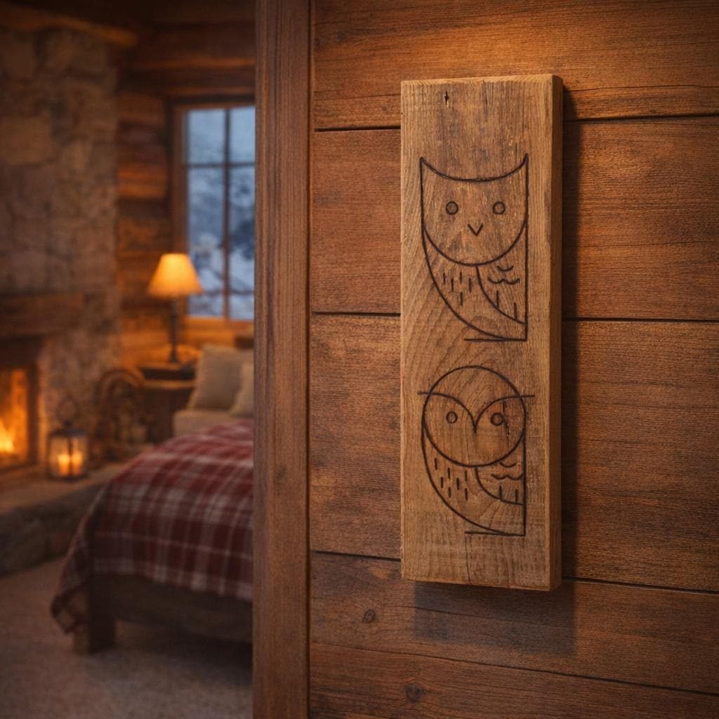 Hiboux pyrogravés sur vieux bois de récupération 11,8 x 40 x 3 cm – Décoration murale rustique fait main, cadeau nature chalet
