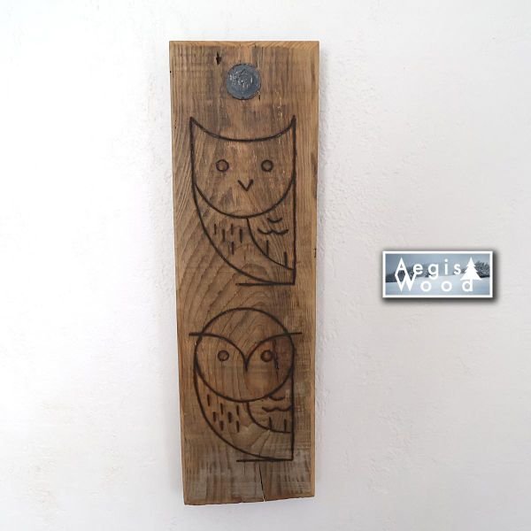 Hiboux pyrogravés sur vieux bois de récupération 11,8 x 40 x 3 cm – Décoration murale rustique fait main, cadeau nature chalet