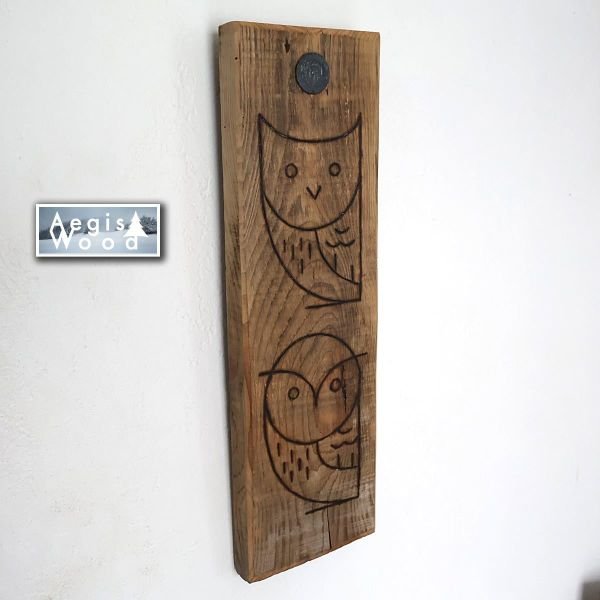 Hiboux pyrogravés sur vieux bois de récupération 11,8 x 40 x 3 cm – Décoration murale rustique fait main, cadeau nature chalet