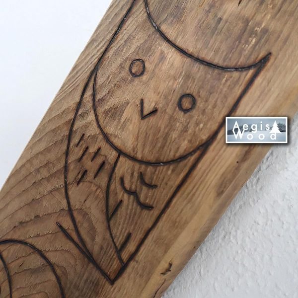 Hiboux pyrogravés sur vieux bois de récupération 11,8 x 40 x 3 cm – Décoration murale rustique fait main, cadeau nature chalet