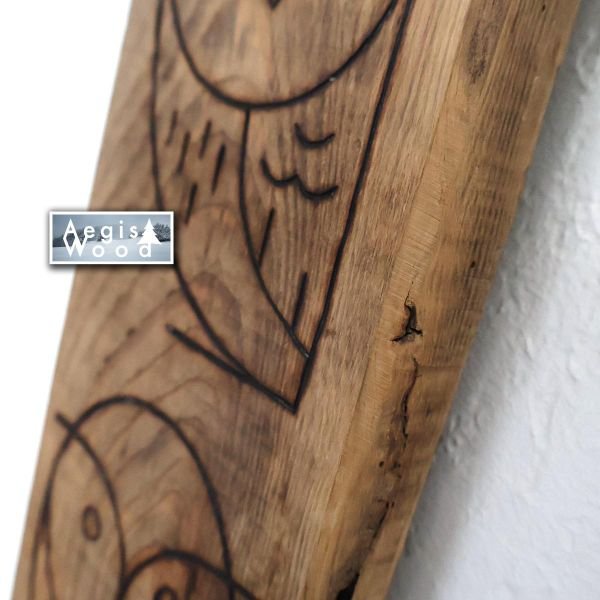 Hiboux pyrogravés sur vieux bois de récupération 11,8 x 40 x 3 cm – Décoration murale rustique fait main, cadeau nature chalet