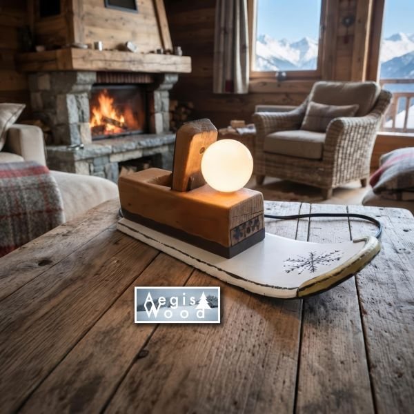 Lampe artisanale rabot ancien et ski recyclé 33x12,5x16 cm – Déco chalet montagne, luminaire upcycling, cadeau menuisier et skieur