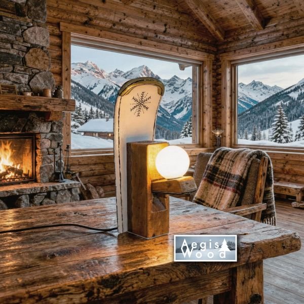 Lampe artisanale rabot ancien et ski recyclé 33x12,5x16 cm – Déco chalet montagne, luminaire upcycling, cadeau menuisier et skieur
