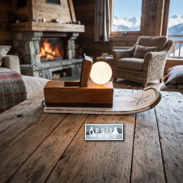 Lampe artisanale rabot ancien et ski recyclé 33x12,5x16 cm – Déco chalet montagne, luminaire upcycling, cadeau menuisier et skieur