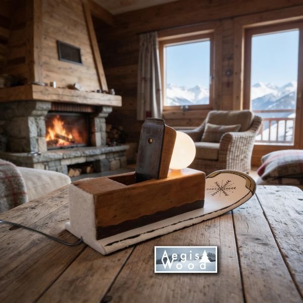 Lampe artisanale rabot ancien et ski recyclé 33x12,5x16 cm – Déco chalet montagne, luminaire upcycling, cadeau menuisier et skieur