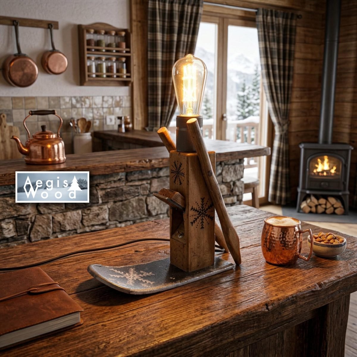 Lampe Montagne Rabot Ancien & Ski Vintage, Ampoule Édison, Flocons Pyrogravés, Déco Chalet Savoie, H 30cm x L 33cm x P 10cm