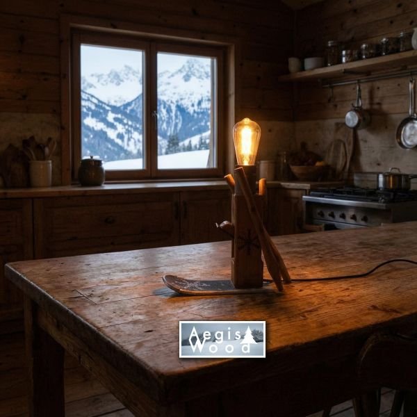 Lampe Montagne Rabot Ancien & Ski Vintage, Ampoule Édison, Flocons Pyrogravés, Déco Chalet Savoie, H 30cm x L 33cm x P 10cm