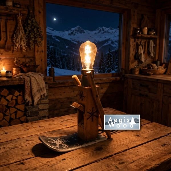 Lampe Montagne Rabot Ancien & Ski Vintage, Ampoule Édison, Flocons Pyrogravés, Déco Chalet Savoie, H 30cm x L 33cm x P 10cm