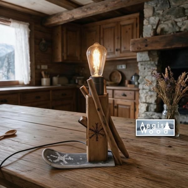 Lampe Montagne Rabot Ancien & Ski Vintage, Ampoule Édison, Flocons Pyrogravés, Déco Chalet Savoie, H 30cm x L 33cm x P 10cm