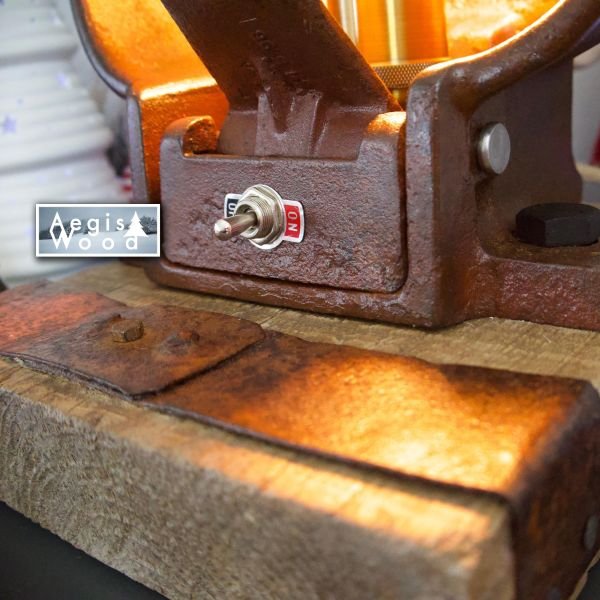 Lampe style industrielle abreuvoir à vache en fonte — ampoule Édison à filament, socle bois & cercle de roue de chariot, déco montagne