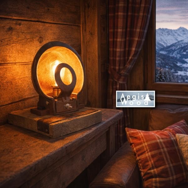 Lampe style industrielle abreuvoir à vache en fonte — ampoule Édison à filament, socle bois & cercle de roue de chariot, déco montagne