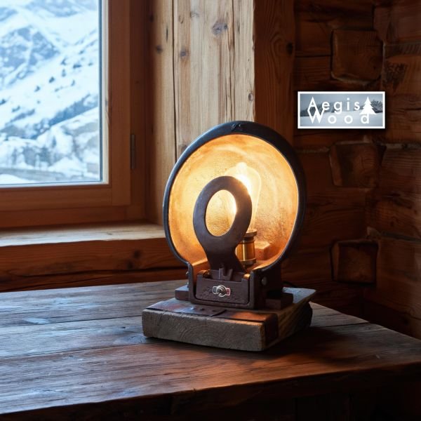 Lampe style industrielle abreuvoir à vache en fonte — ampoule Édison à filament, socle bois & cercle de roue de chariot, déco montagne