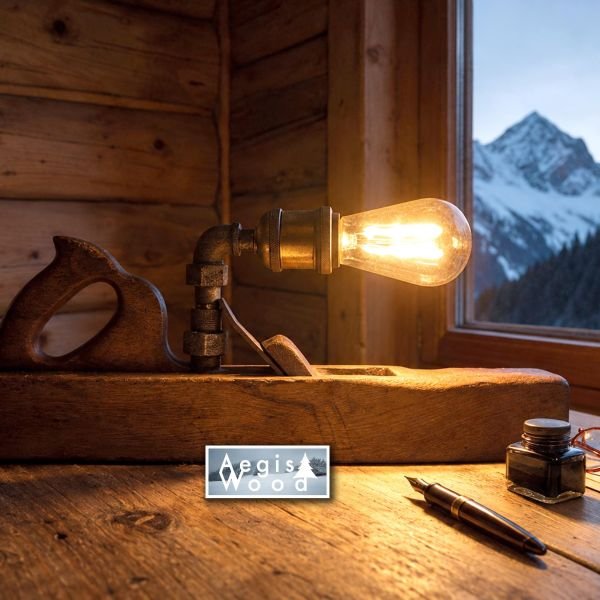 Lampe style vintage – faite avec une ancienne varlope de menuisier et ampoule Edison Déco Chalet Savoie, H 20,5cm x L 53cm x P 6 cm