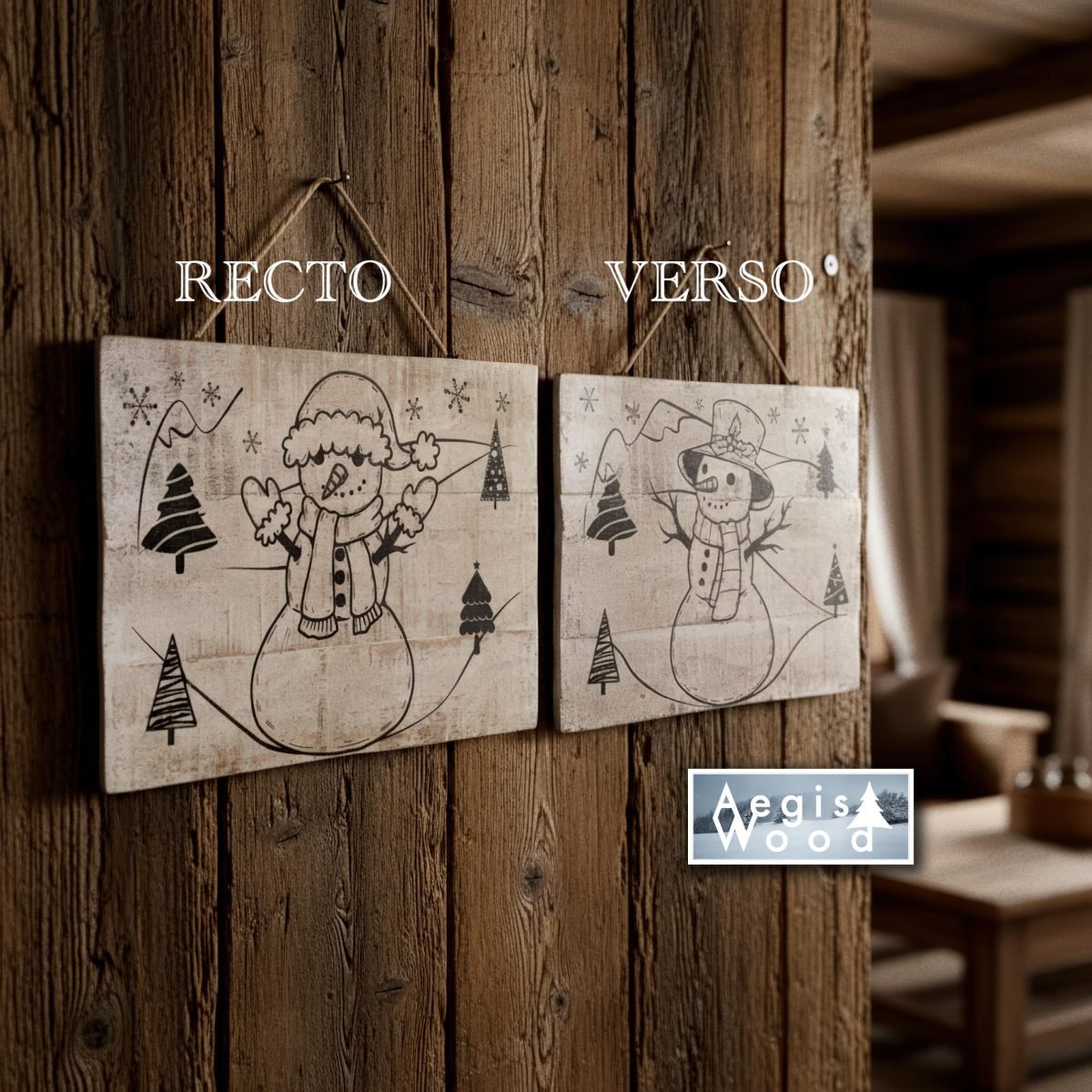 Pancarte bois Noël recto verso Bonhomme de neige – Décoration murale rustique hiver chalet – Plaque bois blanchi 29,5 x 20,5 cm