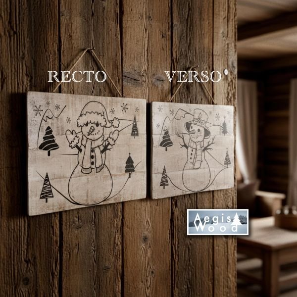 Pancarte bois Noël recto verso Bonhomme de neige – Décoration murale rustique hiver chalet – Plaque bois blanchi 29,5 x 20,5 cm